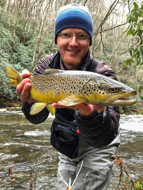David Knapp with a big wild brown trout on Little River in the Smokies